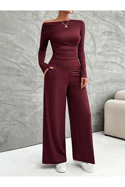 DY By Styli Boat Neck Fitted Top & Wide Leg Pants Co-Ords