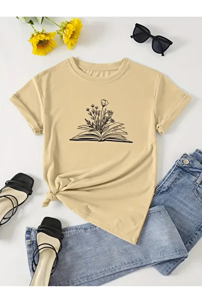 PENTHİLUS Spring Summer Book Floral Print Round Neck Short Sleeve T-Shirt