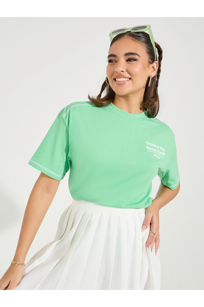 Styli Oversized Slogan Print Contrast Stitch T-Shirt with Dropped Shoulder