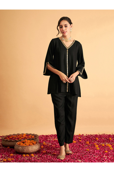 Sassafras By Styli Embroidered Trim A Line Longline Top and Straight Pant Sets