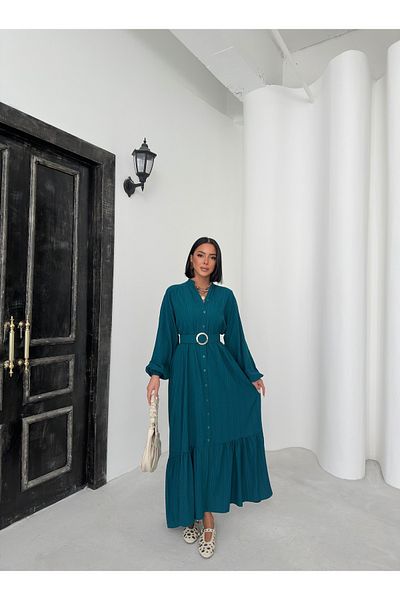 BEJNA Petrolgrünes, gewebtes Maxikleid für Damen mit Gürtel