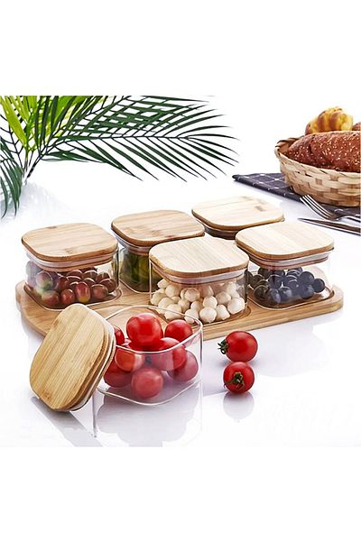 Bonjour Gift & Hobby 6 Trays Glass Breakfast Bamboo Lid Glass / Bamboo