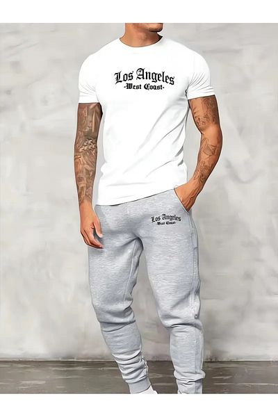 DAXİS Sportwear Company Men's Los Angeles Printed Tracksuit Suit T-Shirt Jogger and Bottom Top Set