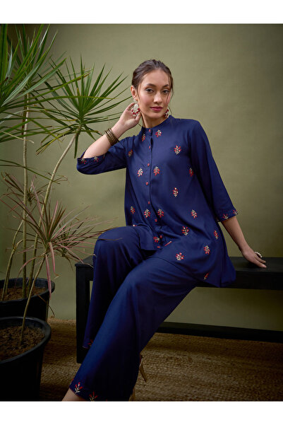 Sassafras By Styli Floral Embroidered Front Shirt & Wide Leg Pants Co-Ord