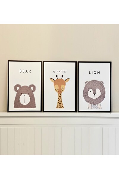 Gift Moda Aslan Zürafa Ayı Tasarımlı Çocuk Odası Duvar Panosu 3'lü Set