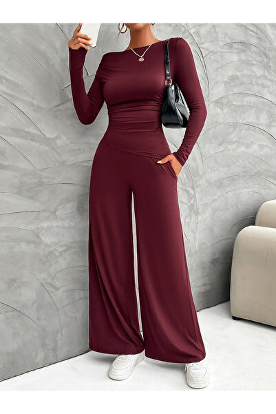 DY By Styli Boat Neck Fitted Top & Wide Leg Pants Co-Ords