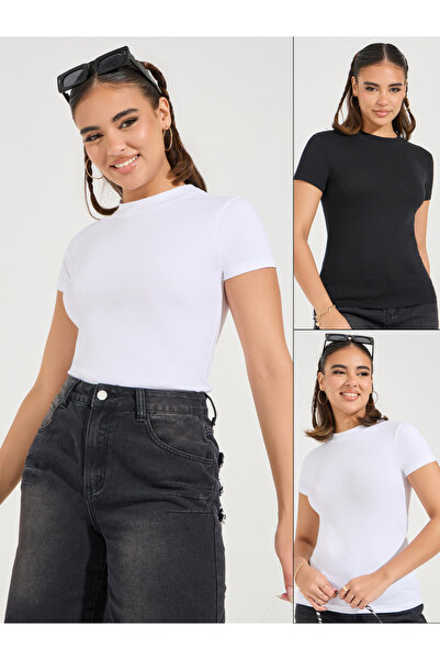 Styli Pack of 2 - Cotton Stretch Fitted High Neck T-Shirt