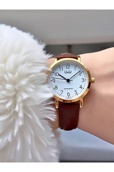 Q&Q Women's Brown Shiny Thin Case Elegant Wristwatch - Classic Model, Leather Strap