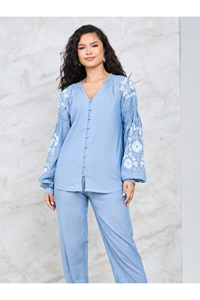 Styli Floral Embroidered Sleeve Button Front Shirt & Pants Co-Ord