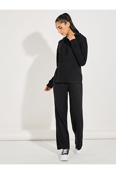 Styli Rib Knit Hooded Top & Wide Leg Pants Co-Ords