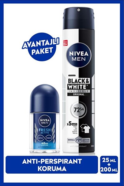 NIVEA Men Erkek Sprey Deodorant Black & White Invisible Original 200ml Ve Fresh Active Mini Roll-on 25