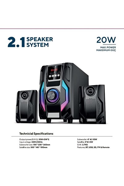 Mikado Md-415bt 2 1 20w Siyah Multimedya Fm/bt/sd/usb Speaker Hoparlör