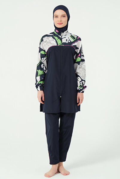 ALFASA Lian Bristle Piping Λεπτομερές ύφασμα αλεξίπτωτου Πλήρως καλυμμένο Hijab Μαγιό Navy Blue - 25289-25