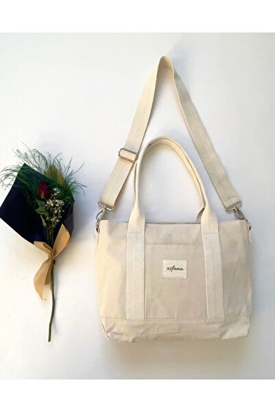 ASFAMA Büyük Boy Fermuarlı Kanvas Çanta Omuz Askılı Tote Bag