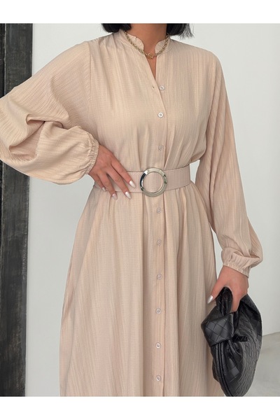 BEJNA Γυναικείο φόρεμα μάξι υφαντό μπεζ με ζώνη