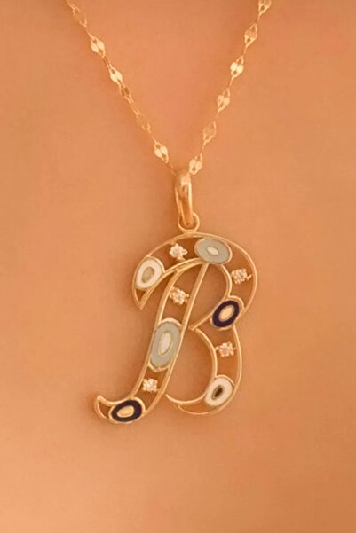 K KRAFTIVA JEWELRY 14 Ayar Altın B Harfli Nazar Boncuklu Göz İnce Aynalı Zinc...