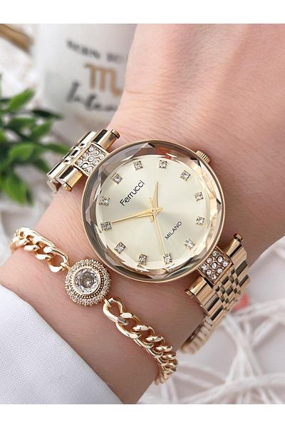Ferrucci Cutout Crystal Glass Steel Band 2 Years Warranty 3 Atm Women's Wrist Watch+Bracelet B01119.02