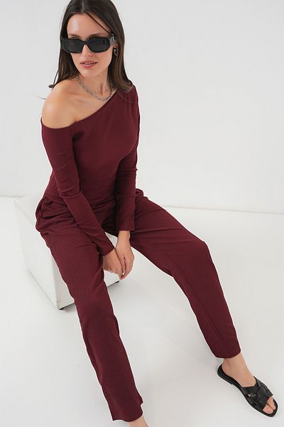 Bigdart 6708 Off-Shoulder-Oberteil-Set – Weinrot