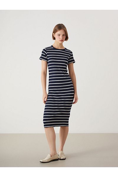 LC Waikiki Γυναικείο φόρεμα Navy Blue Crew λαιμόκοψη ριγέ