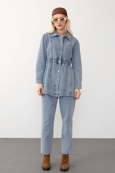 Olcay Jachetă cu talie albastră elastică Pantaloni Denim Set 9265-TK