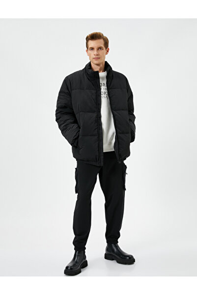 Koton Puffer Jacket Stand Collar Zipper Pocket Detailed Slogan Printed