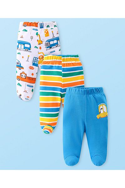 Babyhug مجموعة من 3 بنطلونات ضيقة مخططة ومطبوعة برسومات سيارات من Babyhug - أبيض وأصفر وأزرق