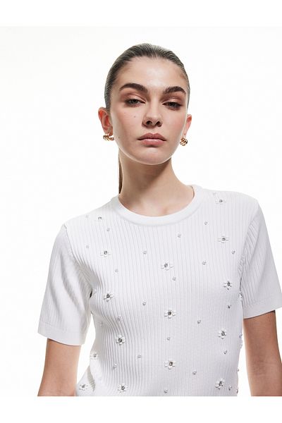 Koton Crew Neck Short Sleeve Floral Stone Knitwear Sweater