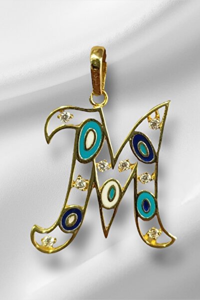 K KRAFTIVA JEWELRY 14 Ayar Altın M Harfli Nazar Boncuklu Göz Kolye Ucu