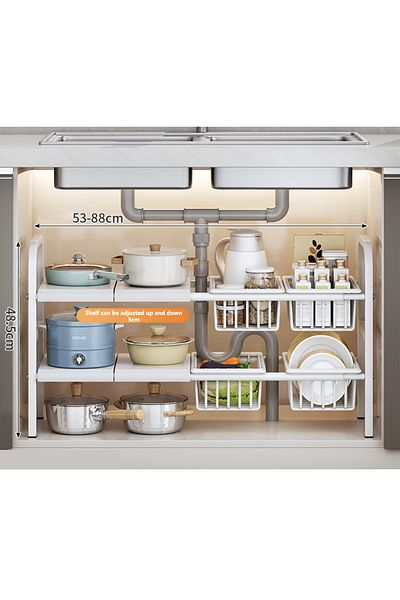 sharpdo Double Layer Under Sink Retractable Storage Rack, Layered Storage Rack with Adjustable Height