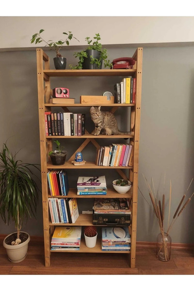 BRK Design AHŞAP Masif Doğal Ahşap 5 Raflı Çok Amaçlı Kitaplık BOYALI CEVİZ