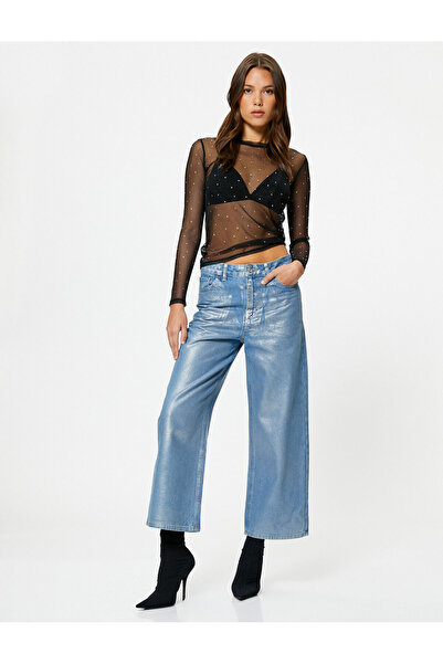 Koton Διαφανές μακρυμάνικο μπλουζάκι με λαιμόκοψη με γυαλιστερή πέτρα