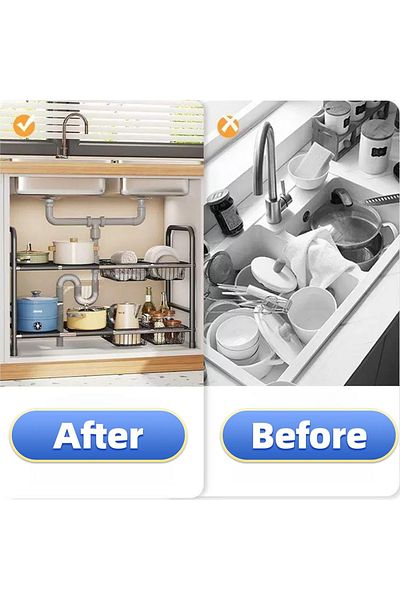 sharpdo Double Layer Under Sink Retractable Storage Rack, Layered Storage Rack with Adjustable Height