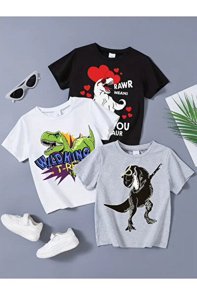 npLStore Dječji dinosaur Štampano set od 3 Pamuk dela Oversize kroj T-shirt