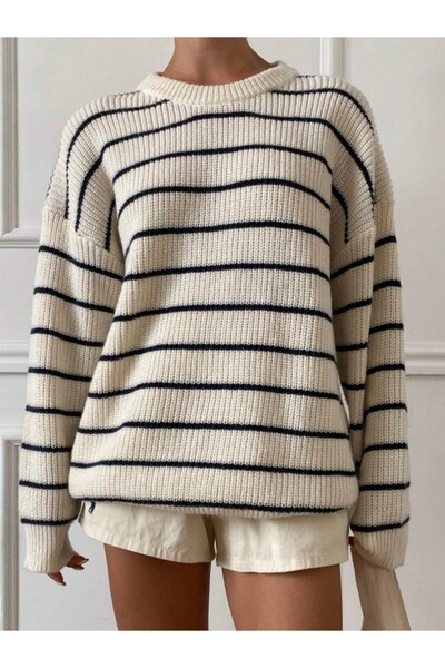 Dier Moda Dámský tenký pruhovaný krémový oversize svetr
