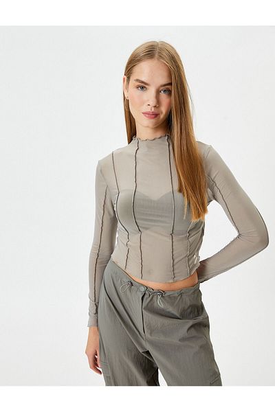 Koton Tulle Blouse Long Sleeve Ribbed High Collar Slim Fit