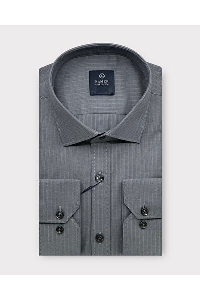 KAMER ERKEK REGULAR FIT %100 PAMUK UZUN KOLLU KLASİK YAKA TEK CEPLİ ÇİZGİLİ KOYU GRİ GÖMLEK 3741KG