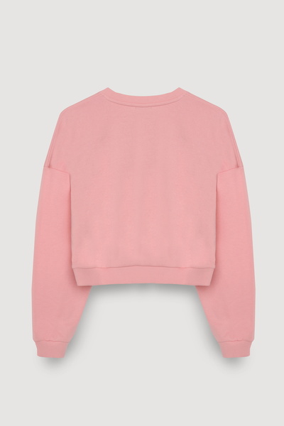 Quzu Yazı Baskılı Oversize Crop Sweatshirt Pembe
