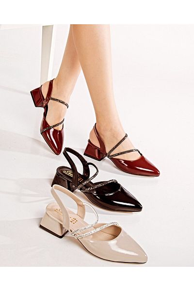 ich1one Marika Women's Patent Leather Double Stone Heeled Shoes - Stylish & Comfortable Medium Heel Casual and Special Occasion Shoes