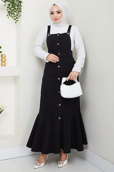 hafsamina Denim Salopet Dress with Ruffled Hem Buttons Black Hm2672