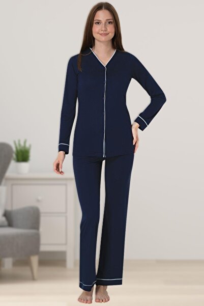 LOHOUSE Kadın Lacivert Önden Düğmeli Uzun Kol Lohusa Hamile Pijama Takım