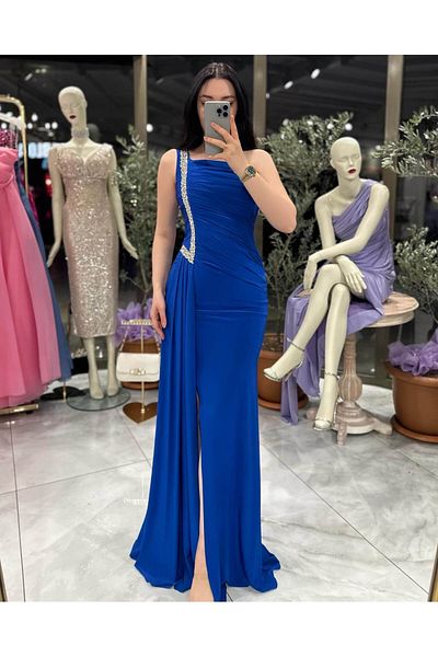 missswans Nadine Stone Embroidered One Sleeve Front Slit Long Dress Saks Blue