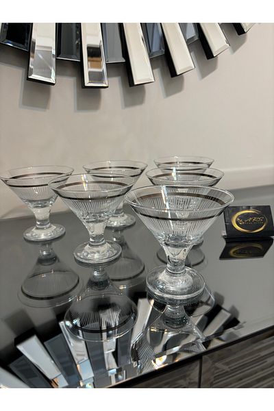 Paşabahçe Ars Pasabahce Silver Gilded Decorated Footed 6-Piece Glass Bowl Presentation, Sugar Bowl, Ice Cream Bowl, Cup, Line