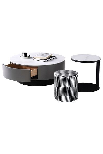 Danube Home Velarion Round Coffee Table with Stool Set of 2  L79xW79xH32cm - White/Grey