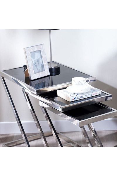 Danube Home Otter Nest Of Table  L65xW47xH55cm - Black Glass / Chrome