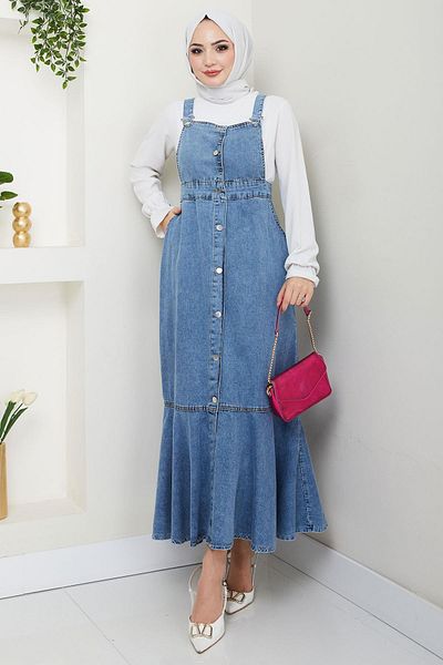 hafsamina Denim Salopet Dress with Ruffled Hem Buttons Blue Hm2672
