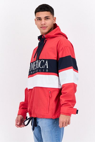 Perry Ellis Men Embroidered Logo Hooded Puffer Jacket, Red Combo