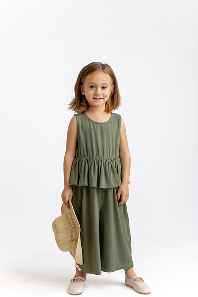 Oliven The Kid Girl's Linen Jumpsuit - Khaki Color, Sleeveless, Flounce Waist and Buttoned Back