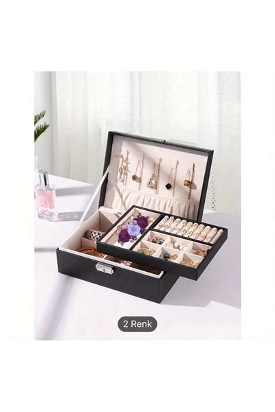 LONDON Birds Store Stylish 2-Tier Faux Leather Jewelry Organizer with Lock Detail