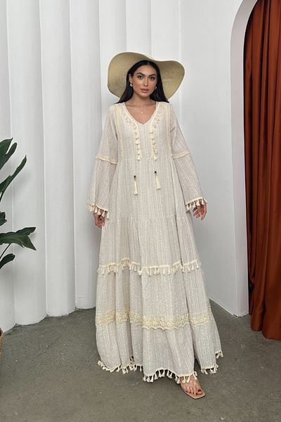 msm fashion Long Sleeve Seersucker V-Neck Tassel Detailed Loose Cut Women's Dress