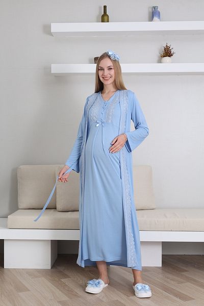 ERDENİZ TEKSTİL Set de 2 piese pentru maternitate-sarcina cu halat de toaleta si camasa de noapte cu guler cu nasturi